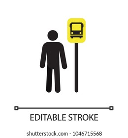 Man waiting for bus silhouette icon. Person at bus station. Isolated vector illustration. Editable stroke