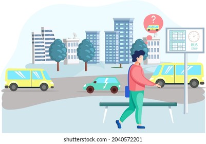 Man waiting for bus standing near road thinking which type of transport to choose, make decision. Guy goes to work and reflects, make confusion choose path. Search for right answer, decide question