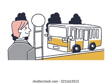  Un hombre esperando un autobús en una parada de autobús, un personaje cómico dibujado a mano, vector, dibujo de líneas y color