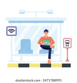 Man waiting at bus stop, flat style illustration 