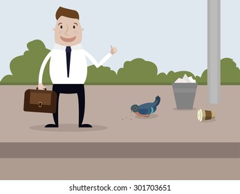 A man waiting at the bus stop to go to work in the office