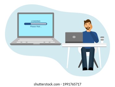 A man is waiting for downloading program in laptop computer in flat design. Slow internet speed.