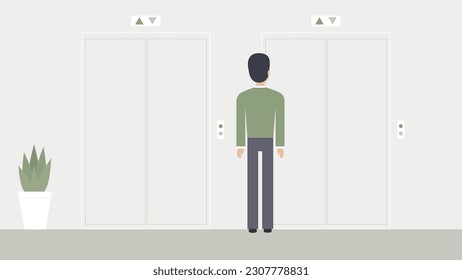 A man is waiting for the elevator in the office corridor. Modern flat illustration.