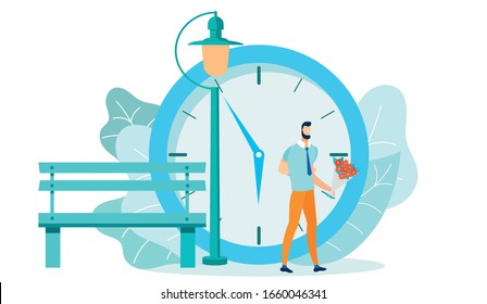 Man Waiting for Girlfriend with Clock on Background Flat Cartoon Vector Illustration. Male Character with Sweets and Flower Bouquet. Love Relationship, Romantic Dating. Guy Standing near Bench.