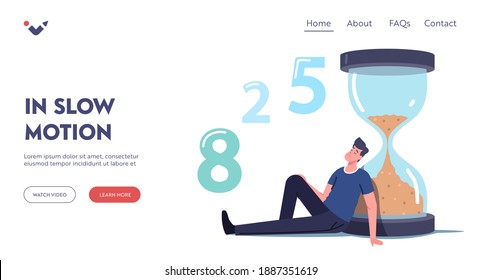 Man Waiting in Lobby Landing Page Template. Long Wait, Male Character in Hall Sit and Sleeping at Huge Hourglass. Appointment in Clinic or Office, Airport Departure Delay. Cartoon Vector Illustration