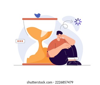 Man Waiting in Lobby Landing Page Template. Long Wait, Male Character in Hall Sit and Sleeping at Huge Hourglass. Appointment in Clinic or Office, Airport Departure Delay. Cartoon Vector Illustration