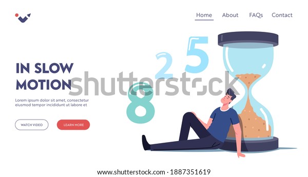 Man Waiting in Lobby Landing Page Template.\
Long Wait, Male Character in Hall Sit and Sleeping at Huge\
Hourglass. Appointment in Clinic or Office, Airport Departure\
Delay. Cartoon Vector\
Illustration