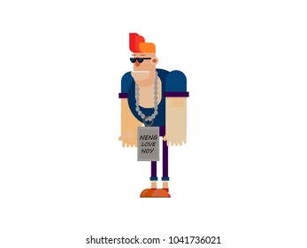 A man is waiting for love. From his lover He hung his own boyfriend's fan sign. Vector cartoon
