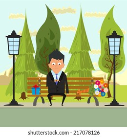 man waiting lover in the park on a bench and looking at his watch. girl is late for a date. vector illustration.