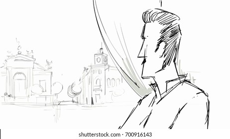 Man waiting near the window Vector sketch for projects, cartoon, storyboards
