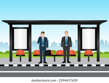 Man Waiting for Public Transport at Bus Stop or Bus Station. Vector Illustration.