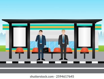 Man Waiting for Public Transport at Bus Stop or Bus Station. Vector Illustration.