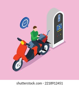 Man waiting for scooter battery charge isometric 3d vector illustration concept for banner, website, illustration, landing page, flyer, etc.