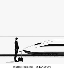 Hombre esperando el tren de Shinkansen en la estación. Dibujado a mano ilustración en blanco y negro