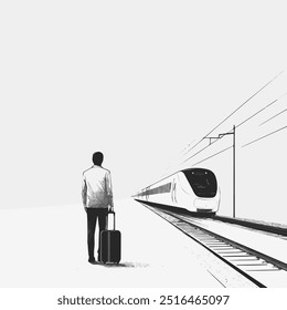 Hombre esperando el tren de Shinkansen en la estación. Dibujado a mano ilustración en blanco y negro