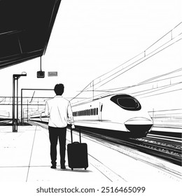 Hombre esperando el tren de Shinkansen en la estación. Dibujado a mano ilustración en blanco y negro