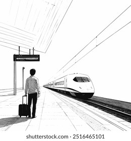 Hombre esperando el tren de Shinkansen en la estación. Dibujado a mano ilustración en blanco y negro