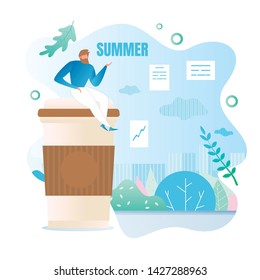 Man is Waiting for Summer Vector Illustration. Guy is Sitting Office on Large Cup with Coffee on Background Panoramic Window. Young Man Finishes Work Week and Prepares for Vacation.
