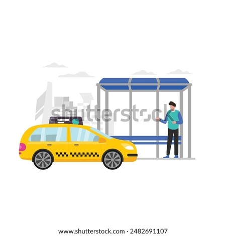 man waiting taxi cab and checking time. Transportation concept. Vector flat vector illustrations.