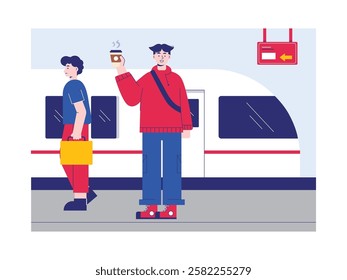 Man waiting for a train at the station, having a cup of coffee. Character design. Vector flat illustration