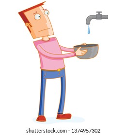 man waiting for a water drop from a faucet