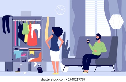 Man waiting woman. Family going to go for walk, evening date. Girl has nothing to wear. Female stands in front of closet, husband sit on sofa