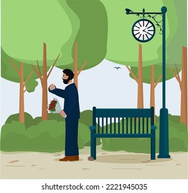 A man is waiting for a woman in the park under the clock.  The girl is late for a date. Vector illustration.