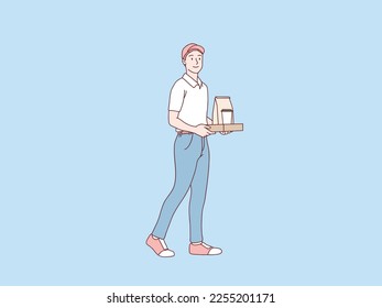 Man waitress standing walking serving order coffee to customer simple korean style illustration