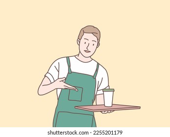 Man waitress with tray serving order coffee to customer simple korean style illustration