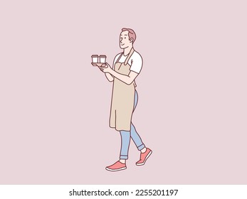 Man waitress walking serving order coffee to customer simple korean style illustration