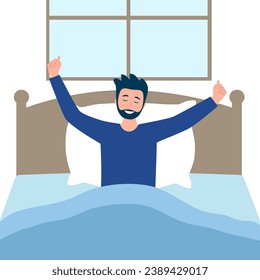 Man wake up in the morning on bed and stretching in flat design.