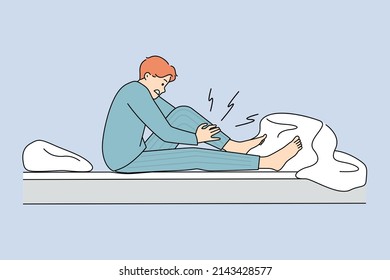 Man wake up at night suffer from cramp massage leg. Unhealthy unwell guy awaken in bed struggle with sudden muscle strain or spasm at home. Healthcare concept. Vector illustration. 