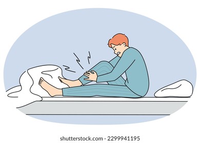 Man wake up at night suffer from cramp massage leg. Unhealthy unwell guy awaken in bed struggle with sudden muscle strain or spasm at home. Healthcare concept. Vector illustration.