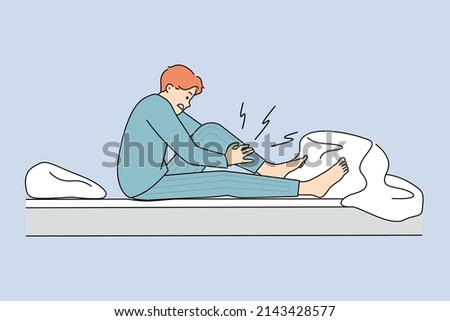 Man wake up at night suffer from cramp massage leg. Unhealthy unwell guy awaken in bed struggle with sudden muscle strain or spasm at home. Healthcare concept. Vector illustration. 