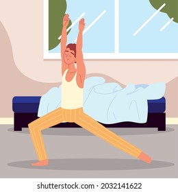 man wake up and stretching in the bed