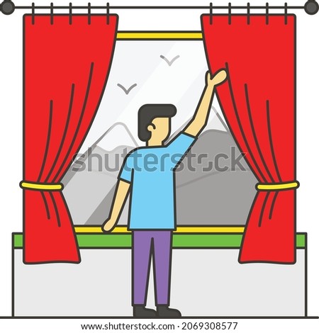 man wake up with stunning view through Window Concept Vector Line Icon Design, Hotel and Motel Services Symbol, Vacations Rental Sign, Restaurant Supplies Stock Illustration