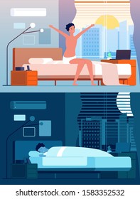 Man wake up. Male characters in bed night relax morning sitting and awakening vector flat person