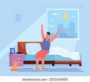 Man wake up. Morning routine. Happy person in bedroom. Vector illustration