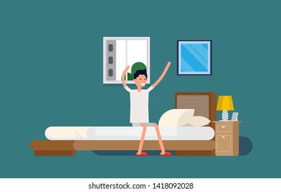 Man with wake up. Vector illustration human life concept, Man in daily routine, Cartoon character flat style design