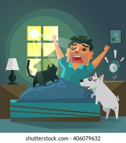 A man wakes up in the morning with his pet, Cat, and dog, Vector illustration.