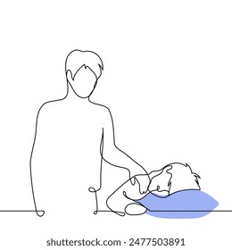 man wakes up a sleeping man by shaking his shoulder - one line art vector. concept father or friend wakes up an adult man. Handmade vector not AI