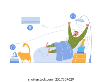 Man wakes up in a smart home, the voice assistant turns on the air conditioner, lamp and water bowl for the cat. Vector illustration.