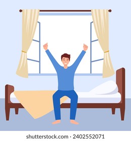 Man wakeup fresh in the morning with opened window in flat design.