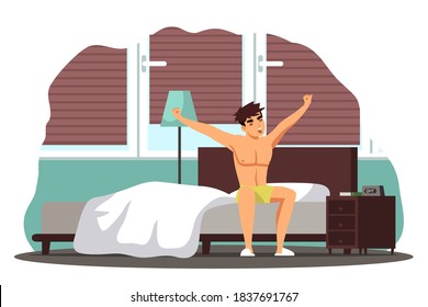 Hombre despertándose en la cama. Hombre sentado en la cama bostezando temprano por la mañana, estirando los brazos. Programar ilustración vectorial. rutina diaria en casa. El diseño interior moderno de las habitaciones.
