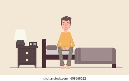 A Man Waking Up Early In The Morning. Vector Illustration In A Flat Style.