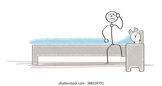 man waking up in his bedroom on white background