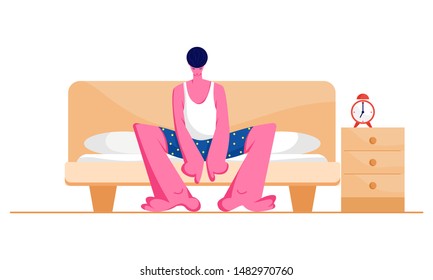 Man Waking Up at Morning with Alarm Clock in Bad Mood. Male Character Sitting on Bed after Getting Up. Sleepy Guy Sit on Couch with Pillow with Closed Eyes in Bedroom. Cartoon Flat Vector Illustration