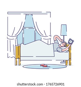 Man waking up in morning at beginning of day stretching up to turn out ringing alarm clock lying in bed. Cartoon male character morning routine. Linear vector illustration