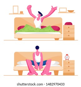 Man Waking Up at Morning in Different Mood Set. Happy Character Stretching Sitting on his Bed after Getting Up. Sad Sleepy Guy Sitting on Couch with Closed Eyes. Cartoon Flat Vector Illustration