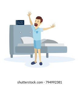 Man waking up and stertching near bed at home.